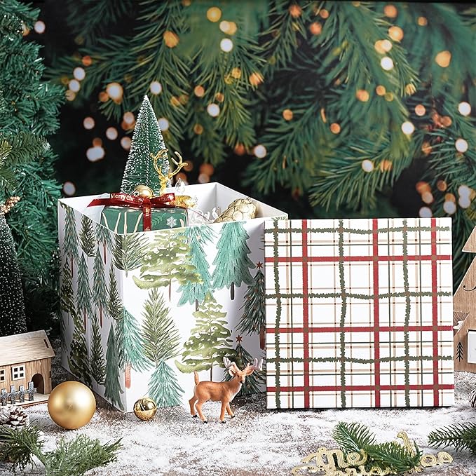 RUSPEPA Christmas Gift Box with Lid, Watercolor Christmas Tree Design and Plaid Lid, Medium Collapsible Holiday Box with Ribbon and Tissue Paper for Gift Wrapping, Candy Storage, 9x9x9 Inches, 1 Pcs