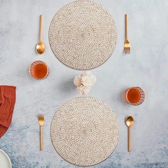 Hausattire Jute Braided Placemats 14 Inches Round Set of 4 Reversible Handwoven Boho Vintage Placemats for Kitchen Dining Tables|BBQ's Thanksgiving Decor Weddings Indoor & Outdoor Parties|Off-White