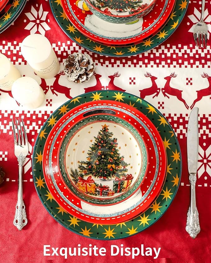 HASENSE 18 Pieces Dinnerware Sets Service for 6, Christmas Plates and Bowls Set, Ceramic Chip Resistant Tableware Dishes Set, Scratch Resistant Microwave and Dishwasher Safe, Multicolor
