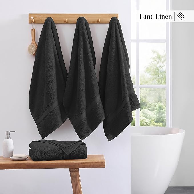 LANE LINEN 100% Cotton Bath Towels 4 Pack (28"x54") - Zero Twist, Mercerized Cotton Large Towel Set for Bathroom - Quick Dry, Soft & Absorbent Large Bath Towel Set - Oeko Tex Certified - Black Towels