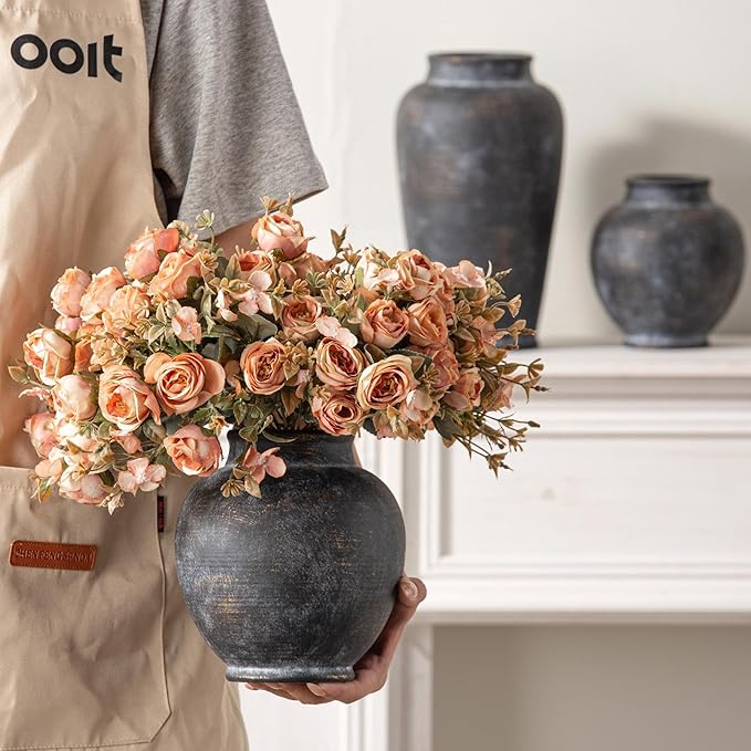 Ceramic Flower Vase, 6.7 Inch Rustic Farmhouse Decorative Vase Pottery Pampas Grass Vases for Home Decor Table Living Room Entryway Mantel Bookshelf Bedroom Bathroom Kitchen - Black