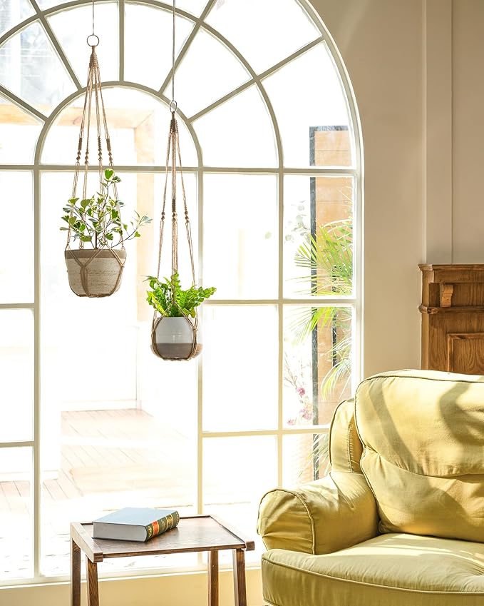 Dahey Macrame Plant Hanger Indoor Outdoor Hanging Planter Basket Large for up to 12" Pot Handmade Woven Cotton Rope Flower Pots Holder for Boho Home Decor, 43 Inch, Set of 2, Brown