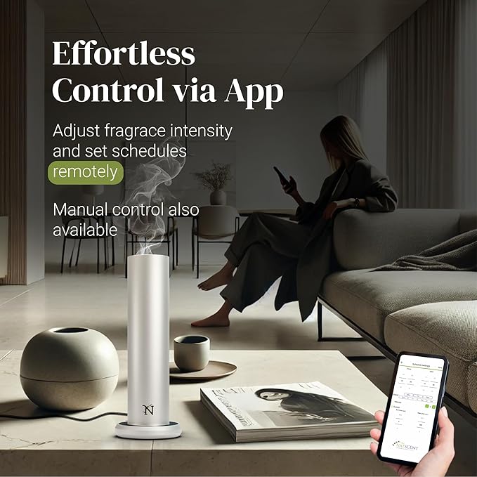 Dynamo Hotel Scent Diffuser – Cold-Air Essential Oil Diffuser for Home & Large Rooms up to 1000 sq ft, App & Manual Control, Hypoallergenic, Includes White Tea Fragrance Sample – Silver