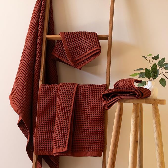 PÜSKÜL - Premium Waffle Towel Set 4 Pieces Brick Red - Organic 100% Turkish Cotton Quick-Dry Towels for Bathroom Made in Turkiye (Brick, Towel Set - 2 Hand & 2 Bath Towels)