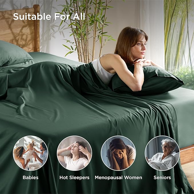 Bedsure Full Size Bed Sheets, Cooling Sheets, Rayon Derived from Bamboo, Breathable & Soft, Deep Pocket Up to 16 Inches, Hotel Luxury Silky Bedding for Hot Sleepers, Forest Green