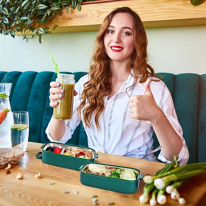 Stainless Steel Bento Box for Adults&Kids,Japanese Leakproof Lunch Box Divided Food Meal Storage Containers Set Stackable 2 Layer for Children School Picnic Green