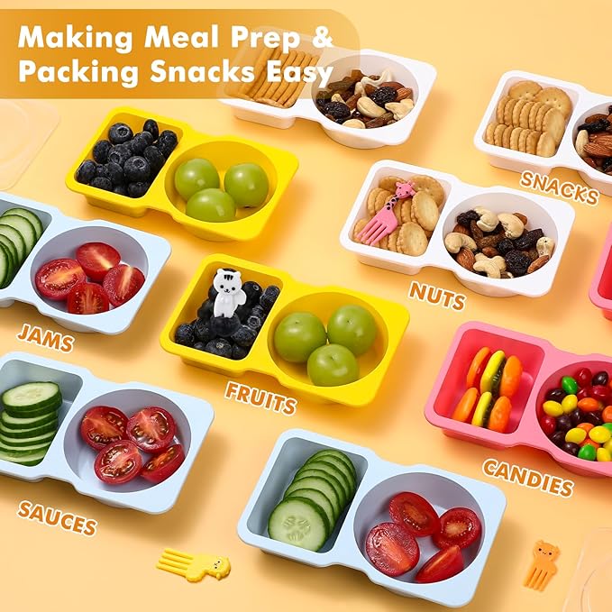 20 Sets Reusable Snack Containers with Lids, 2-Compartment BPA-Free Portion Control Containers for Kids Lunch, Meal Prep & On-the-Go, Refrigerator & Microwave Safe with 10 Animal Forks (4 Color)