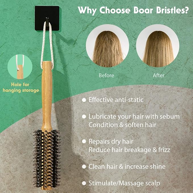 Vista Round Brush Bamboo with Pin Tail Comb Natural Boar Bristle Hair Brush Round for Blow Drying for Women Hairbrush for Wet or Dry Hair Detangling Smoothing Massaging