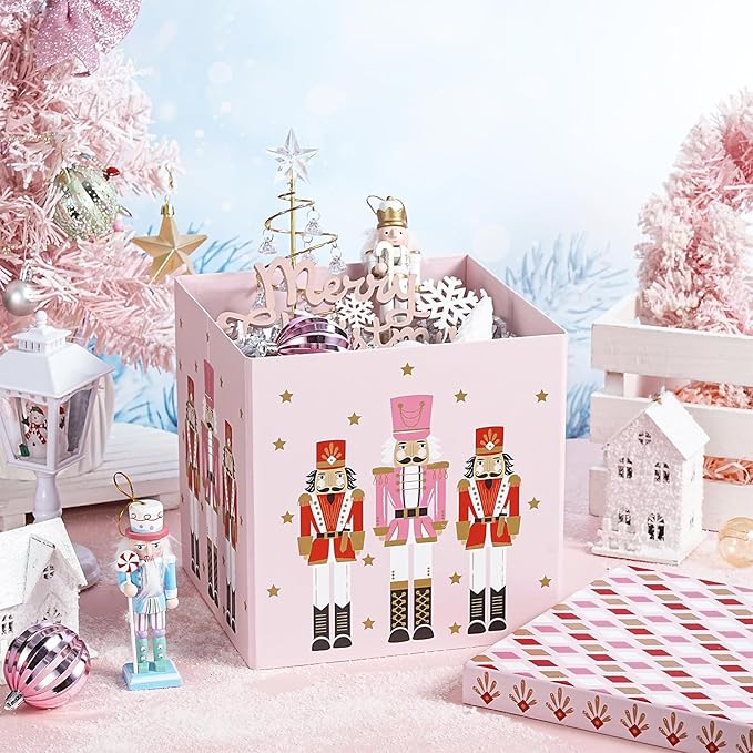 RUSPEPA Christmas Gift Box with Lid, Pink Nutcracker Soldier Design and Diamond Pattern Lid, Medium Collapsible Box with Ribbon, Tissue Paper for Girls, Gift Wrap, Candy Storage, 9x9x9 Inches, 1 Pcs