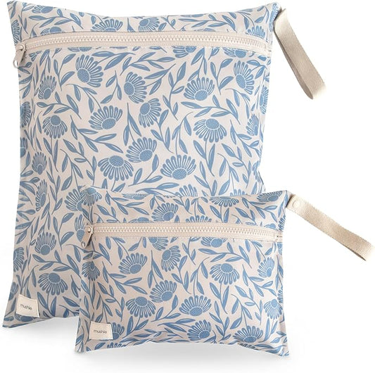 mushie Water Resistant Wet Bags | Large & Small Reusable Storage Bag for Baby Items and Travel | Zippered Pockets with Handle | Machine Washable, Set of 2 (Blue Flowers)