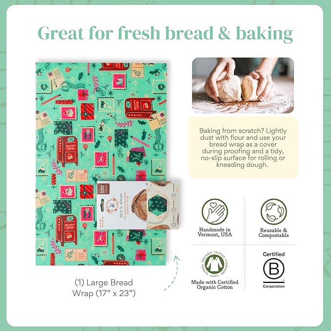 Bee's Wrap Beeswax Wraps for Food - Bread Wrap - Made in USA Reusable Bread Storage Bags - Organic & Eco-Friendly Alternative to Aluminum Foil, Sourdough Bags & Plastic Wrap, Seasons Greetings