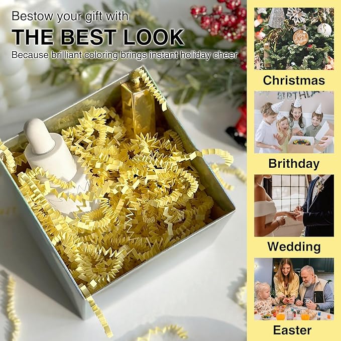 2 LB Crinkle Paper Shred Filler for Bag Gift Box Basket Paper Shreded Stuffing Decoration for Holiday Party (Light Yellow)