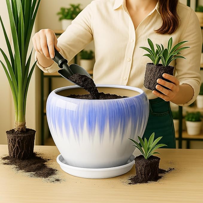 Deep Dream 10 Inch Plant Pot- Ceramic Planter Pot Round Plant Pots for Indoor Plants Outdoor Large Flower Pot with Drainage Holes & Trays, White&Blue