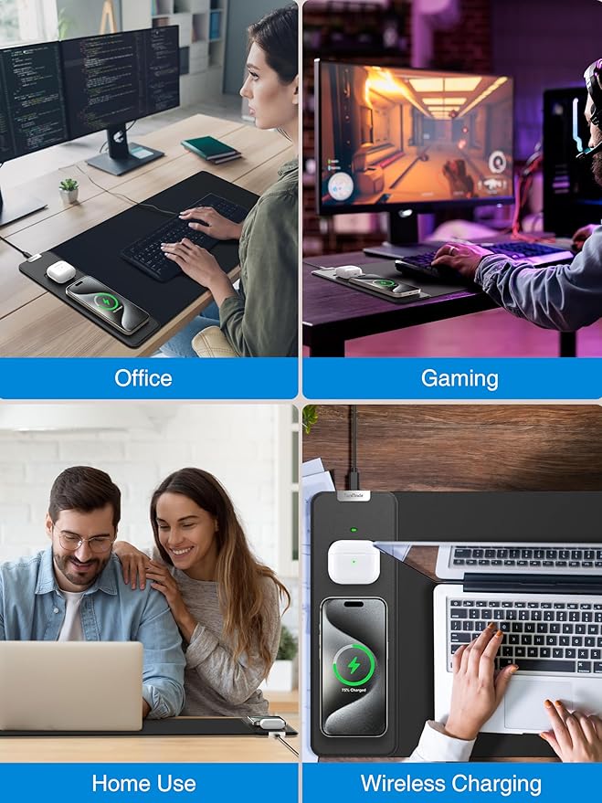 TopMade Mouse Pad with 15W Fast Wireless Charging, 31.5"x11.81" XL Large Gaming Mousepad, Waterproof Desk Pad, Classic Black Computer Desk Mat(Includes 20W PD Power Adapter & 6.56ft Woven Cable)