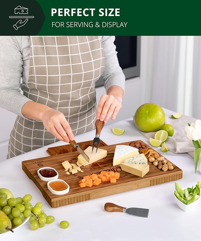 ROYAL CRAFT WOOD Bamboo Charcuterie Boards - Cheese Board Set with 2 Sauce Bowls, 4 Knives - Unique Charcuterie Board & Serving Tray - House Warming Gifts New Home Gifts