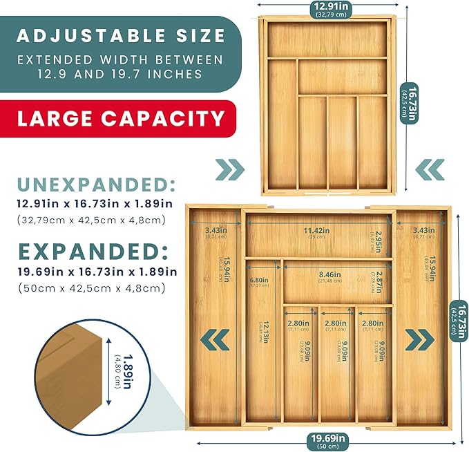 Sben Expandable Drawer Organizer for Utensils Holder, Adjustable Cutlery Tray, Wood Drawer Dividers Organizer for Silverware, Flatware, Knives for Kitchen (Bamboo)