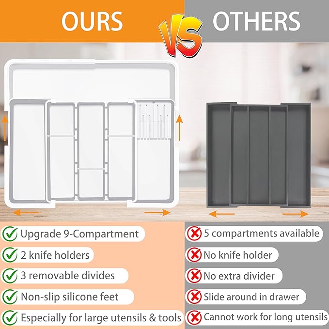 Kitchen Drawer Organizer Large Expandable Silverware Organizer, Utensil Holder and Flatware Tray, Kitchen Spatula Tools and Gadgets Storage with Removable Knife Blocks and 3 Dividers, White