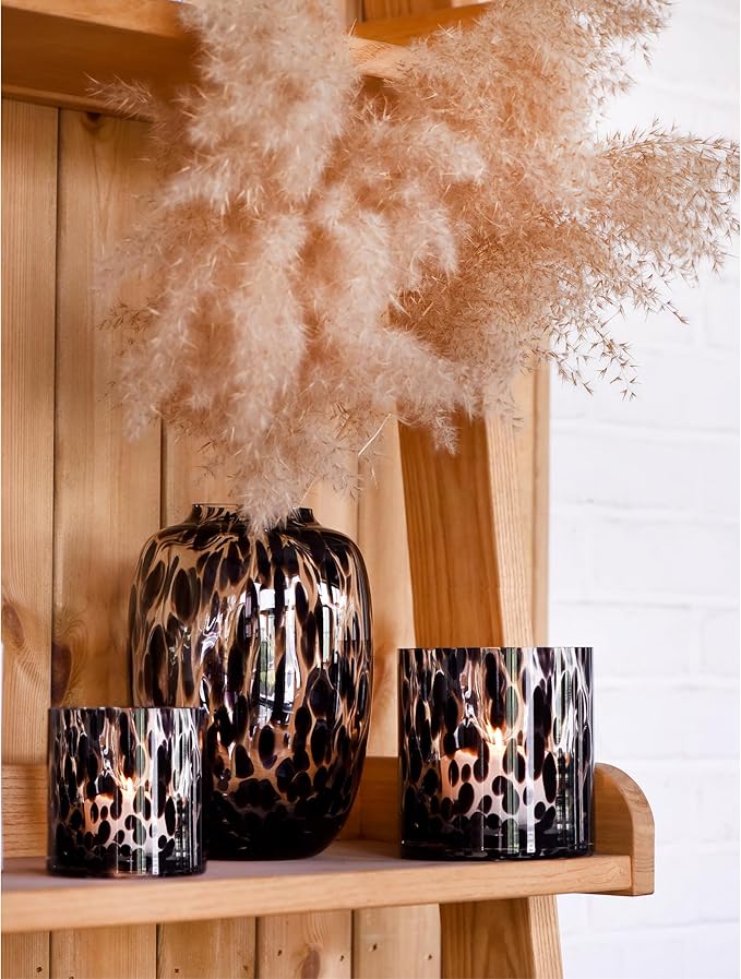 CONVIVA Glass Vase and Candle Holder Set, 3-Piece,Modern Fall Decor Table Centerpiece Thanksgiving Christmas Day Gift Idea,Flower Vase Black Tortoise Pattern