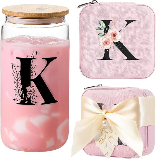 AYGXU Mothers Day gifts,Graduation Gifts for Her, Bridesmaid Gifts,Drinking glass with Bamboo Lids and Straw,Jewelry Organizer,Travel Essentials Small Jewelry Box,Teen Girls Gifts,Initial K pink
