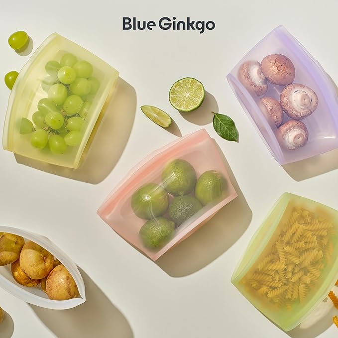 Blue Ginkgo Reusable Silicone Storage Bags – 3-Pack | Korean-Made Stand Up Food, Freezer Bags - Peach