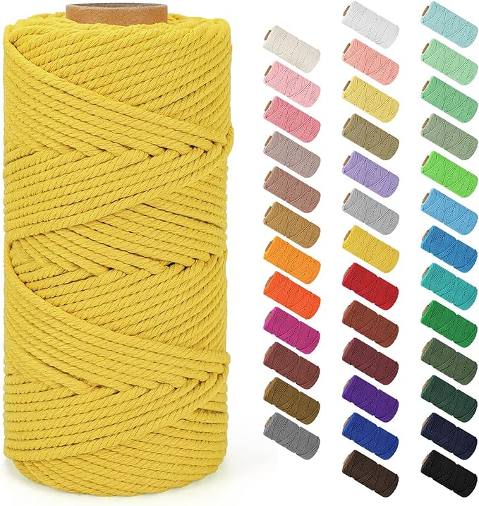 Macrame Cord 4mm x 109Yards (328Feet), Natural Cotton Macrame Rope - 4 Strands Twisted Macrame Cotton Cord for Wall Hanging, Plant Hangers, Crafts, Gift Wrapping and Wedding Decorations, Lemon Yellow