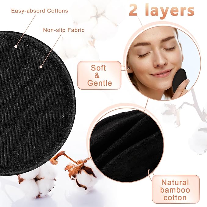 Foaincore 40 Pcs Reusable Makeup Remover Pads with Mesh Laundry Bag Washable Bamboo Cotton Rounds Soft Reusable Face Pad for Toner Skin Types with Bamboo Holder (Black White)