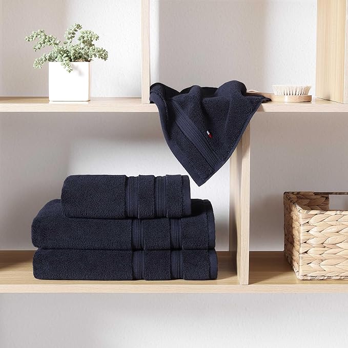 Tommy Hilfiger - Bath Towels, Ultra-Soft & Quick Drying with Zero Twist, 600 GSM Bathroom Towels with Iconic Flag Accent (Harborside Solid Navy, 6 Piece)