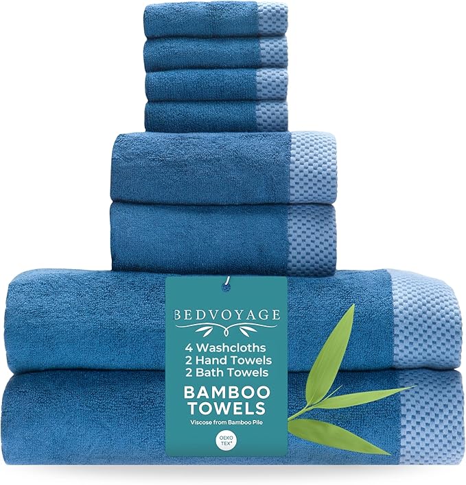 BedVoyage Luxury Bath Towels Set of 8 - Ultra Soft Plush Bathroom Towel Set - Highly Absorbent Viscose from Bamboo Bath Towels Ultra Soft - Spa Towel for Body - Indigo