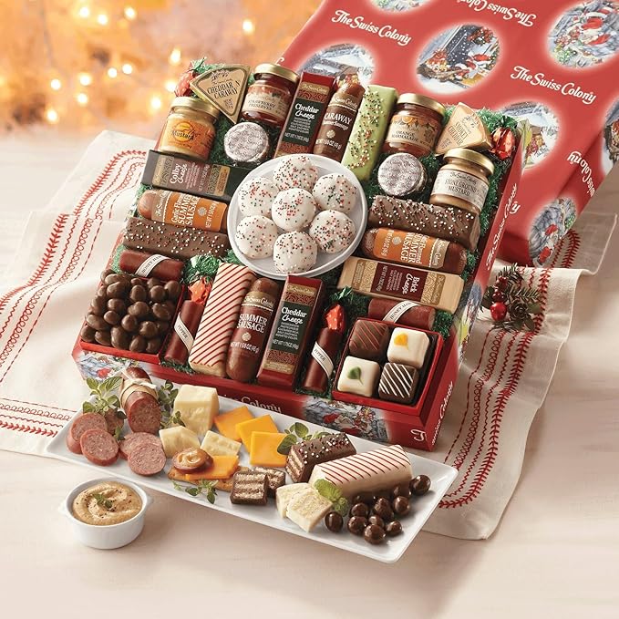 3 Red Gift Boxes - The Swiss Colony 27 Favorites Food Gift Set, Summer Sausage Meats and Cheeses Assorted Chocolates, Candies, Petits Fours, Cheese & Charcuterie Board Gifts Basket, Holiday, Christmas