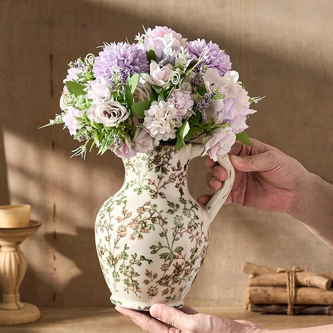 SIDUCAL Ceramic Vase with Handle, Vintage Vase, Chinoiserie Floral Vase for Home Decor, Table, Living Room, Shelf, Christmas Decoration (Green and Beige)