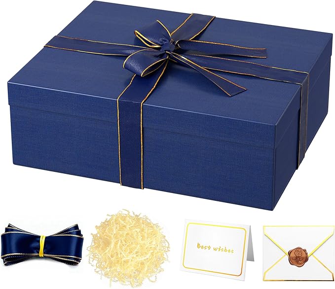 JOYIT Blue Gift Box 16.5''x13''x5.5'' - Large Gift Boxes with Lid for Presents Packaging, Birthday, Christmas, Wedding, Anniversary, Big Gift Box with Ribbon, Shred Filler, Card, Wax Seal (Blue)
