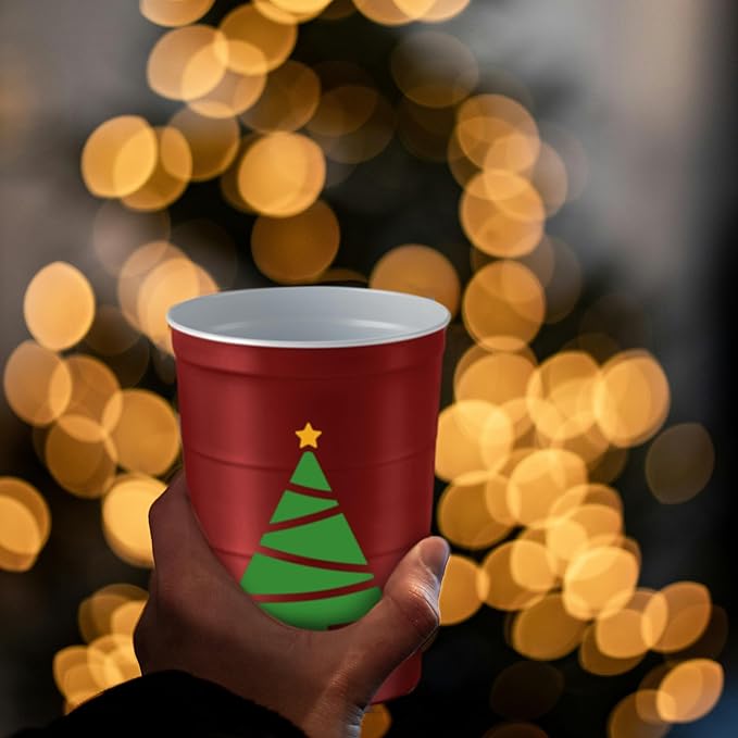 16 oz. Party Cups 'Happy Holidays' Christmas Tree Design for Cold Drinks, Durable, Disposable, Recyclable, Made in USA, Red, 12 Count