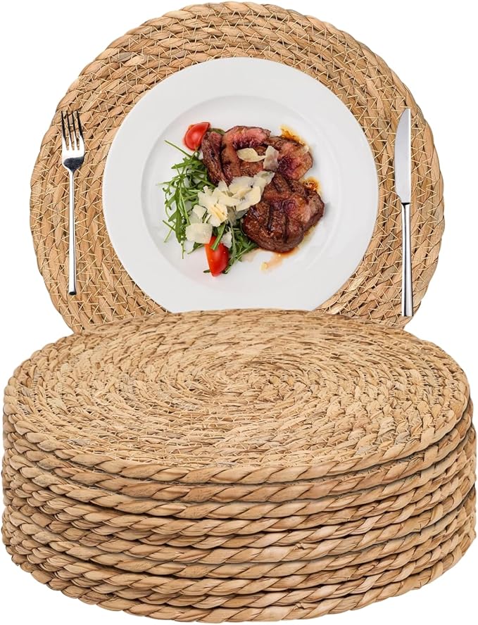 Woven Placemats Set of 10, 13.5" Round Rattan Placemats, Natural Water Hyacinth Place mats, Farmhouse Weave Place Mats, Rustic Braided Wicker Table Mats for Dining Table, Home, Outdoor
