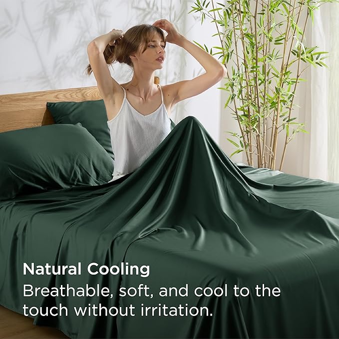 Bedsure Full Size Bed Sheets, Cooling Sheets, Rayon Derived from Bamboo, Breathable & Soft, Deep Pocket Up to 16 Inches, Hotel Luxury Silky Bedding for Hot Sleepers, Forest Green