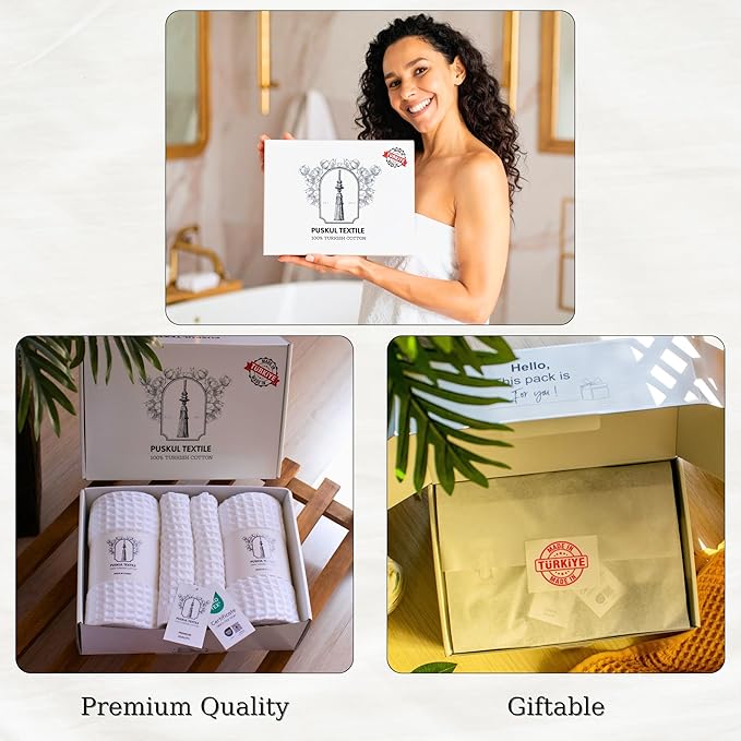 PÜSKÜL - Premium Waffle Towel Set 4 Pieces White - Organic 100% Turkish Cotton Quick-Dry Towels for Bathroom Made in Turkiye (White, Towel Set - 2 Hand & 2 Bath Towels)