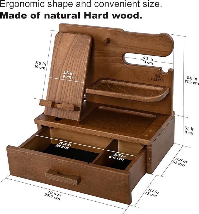 TESLYAR Wood Phone Docking Station with Drawer - Nightstand Organizer - Desk Organizer for Husband - Birthday Gifts for Men, Dad, Anniversary Idea, Key Holder Stand Watch & Accessories (Desert Beige)