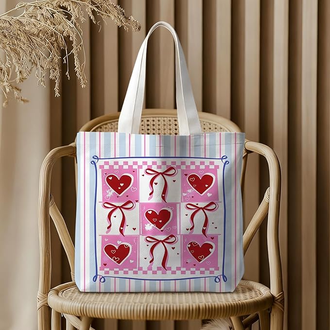 Animals-Flowers-Fruits-Bow Valentines Canvas Heart Tote Bag, Coquette Reusable Shopping Grocery Bags