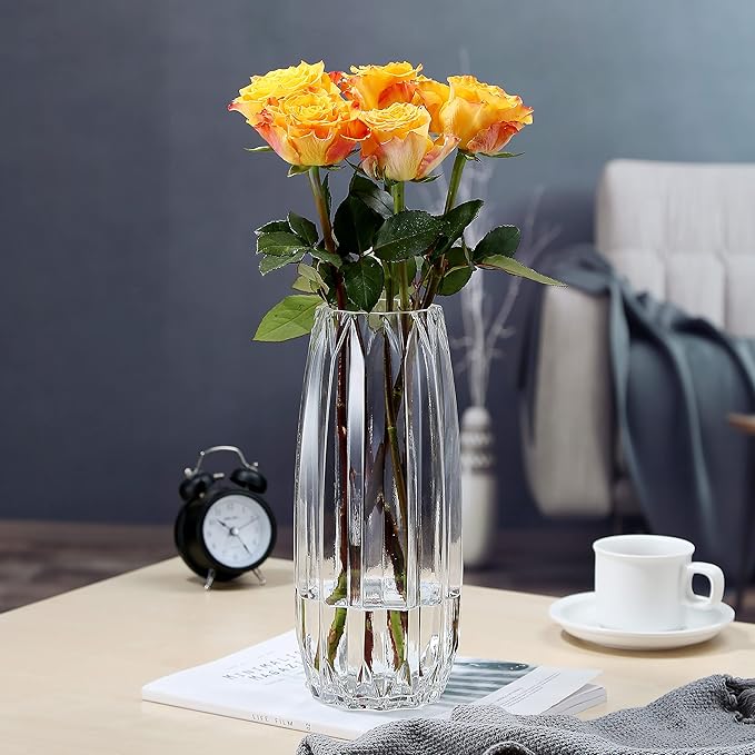 Modern Ribbed Glass Vase for Flowers, Candles and Decorative Accents - Black, Grey, Amber, Clear and Colored Tall/Short Vase for Centerpieces and Home Table Decor (Clear, H-11.8inch)