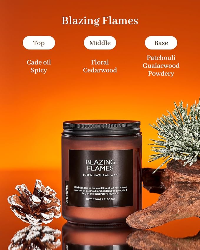 M&SENSE Blazing Flames Scent with Log Fire, Natural Soy Wax Slow Burning Candle for Home Decor, Cedarwood &Cade Scented 7.05oz 50 Hours Burn Cotton Wick Gifts for Celebration Holiday