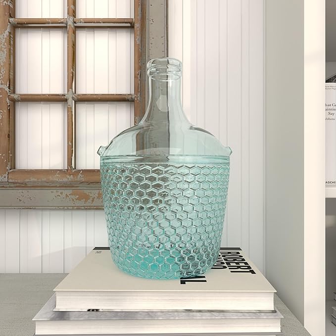 Deco 79 Recycled Glass Decorative Vase Spanish Bottle Centerpiece Vase with Bubble Texture, Flower Vase for Home Decoration 10" x 10" x 17", Blue