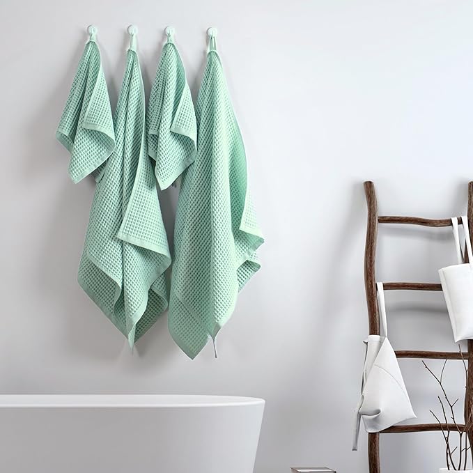 PÜSKÜL - Premium Waffle Towel Set 4 Pieces Ice Green - Organic 100% Turkish Cotton Quick-Dry Towels for Bathroom Made in Turkiye (Ice Green, Towel Set - 2 Hand & 2 Bath Towels)