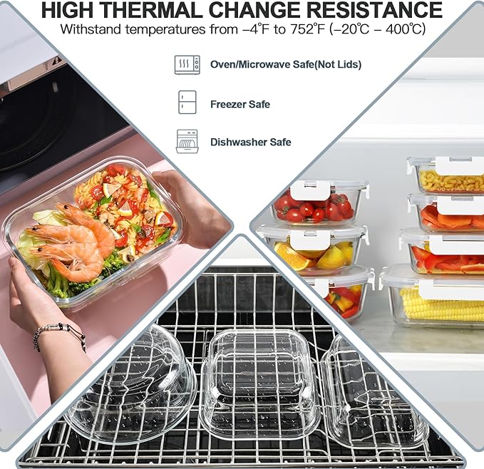 KAMOTA Glass Food Storage Containers, White Glass Meal Prep Containers, Airtight Containers with Snap-Lock Lids, Set of 12, for Microwave/Oven/Freezer/Dishwasher