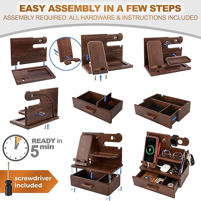 TESLYAR Wood Phone Docking Station with Drawer - Nightstand Organizer - Desk Organizer for Husband - Birthday Gifts for Men, Dad, Anniversary Idea, Key Holder Stand Watch & Accessories (Bourbon Brown)