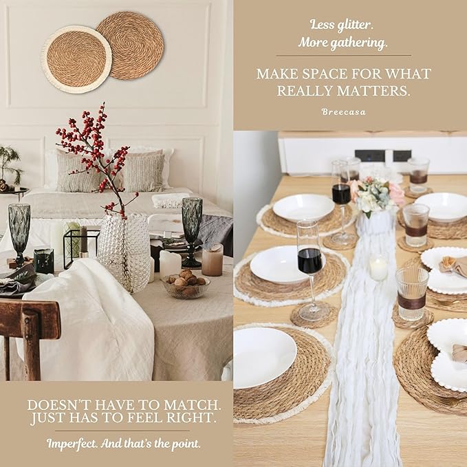 13" Round Woven Jute Placemats Set of 12 with Coasters, Mixed Fringe and Classic Braided Seagrass Boho Farmhouse Table Mats for Dining Table Decor