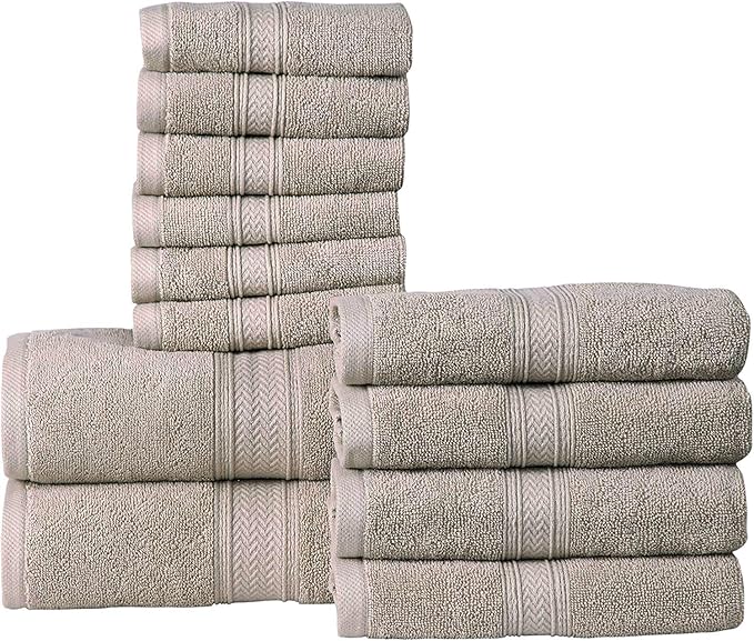 Hillfair 12-Piece Cotton Bath Towel Set - 600 GSM - Hotel Spa Towels - 2 Bath, 4 Hand, 6 Washcloths - Absorbent Soft Cotton - Khaki Stone