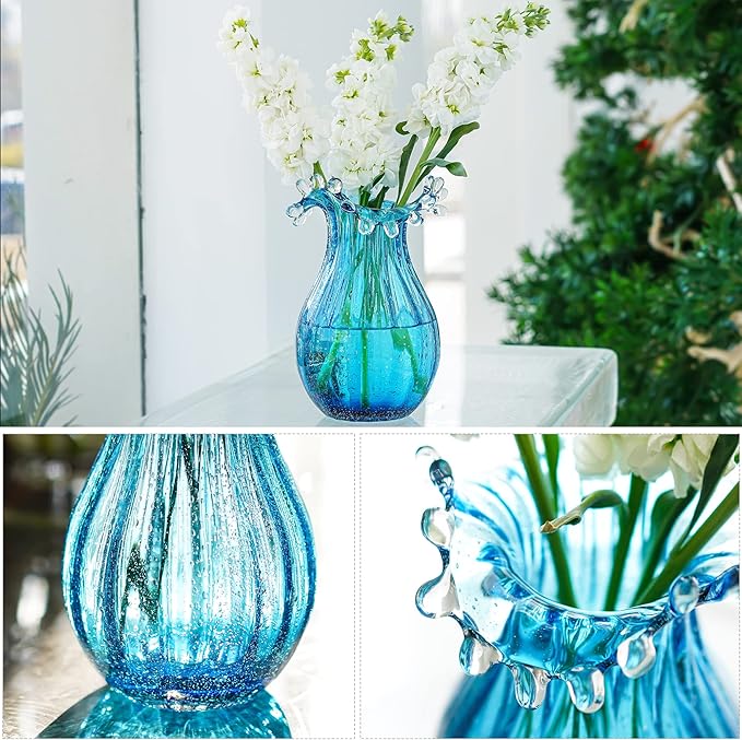 8inch Blown Glass Bubble Vase Collection Modern Art Flower Vase Decoration for Home Decor Living Room,Office,Centerpiece,Table and Wedding,Blue