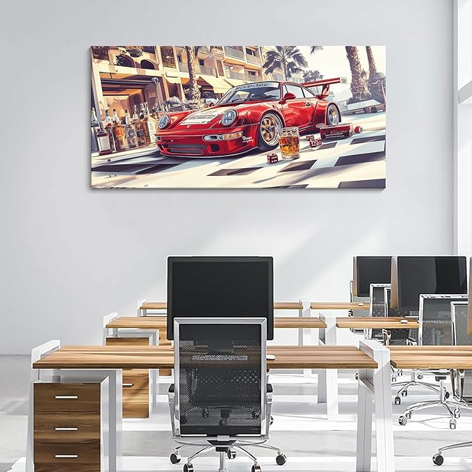 JEAWA Modern Canvas Wall Art - Large Canvas Wall Decor for Bedroom Living Room Home Office 24 x 48 IN, Funny Wall Art for Home Decoration, Red Car Pictures for Wall Decor
