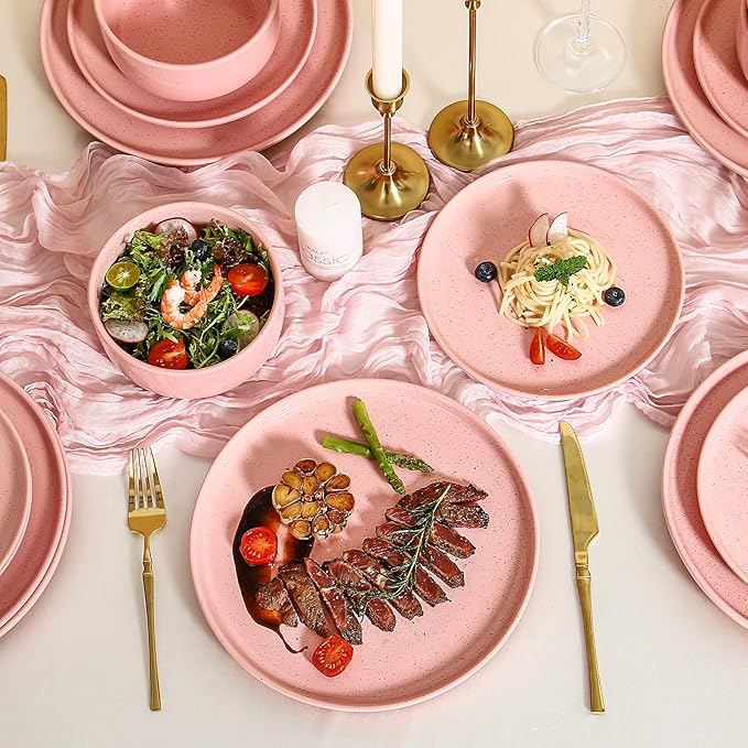 GZG Modern Art Series - 12 Pcs Speckled Stoneware Plates and Bowls Sets, Ceramic Dinnerware Set with Rustic Terracotta Underside, Microwave and Dishwasher Safe Handcrafted Dishes Set - Blush Pink