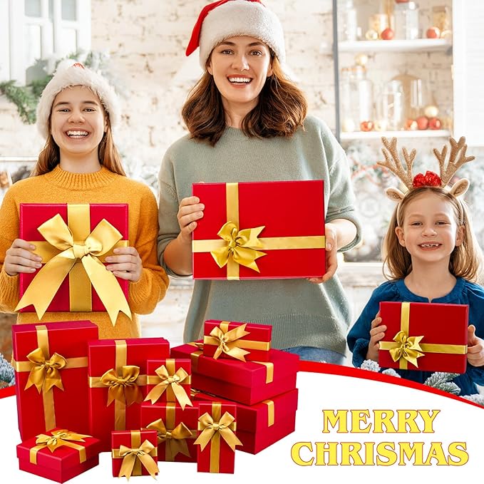Tenceur 10 Pcs Gift Boxes with Lids Heavy Duty Nested Assorted Sizes Cardboard Gift Boxes for Presents with Ribbon for Xmas Holiday Present(Red, Gold,5 Size)