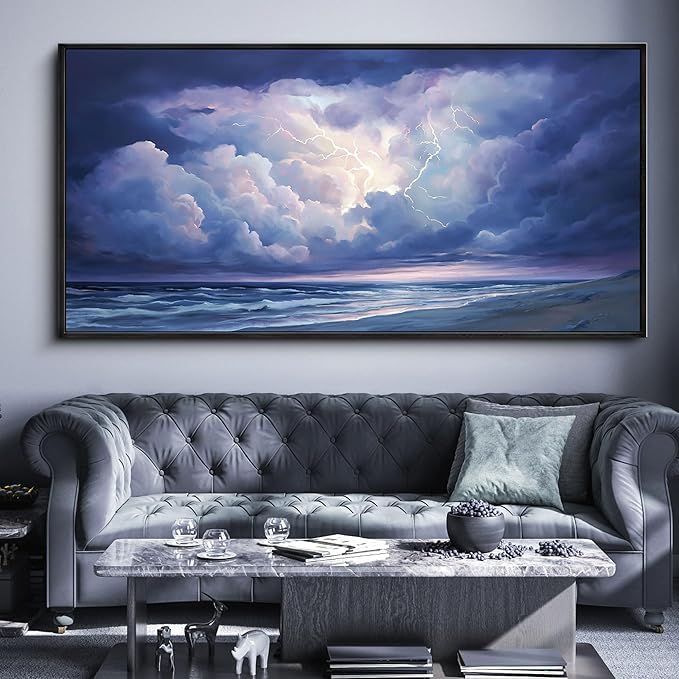 yiijeah Living Room Wall Decor - Modern Wall Art for Bedroom Office Decor Extra Large Abstract Thundercloud Beaches Coast Painting Framed Canvas Prints Ready to Hang Wall Pictures Home Decor